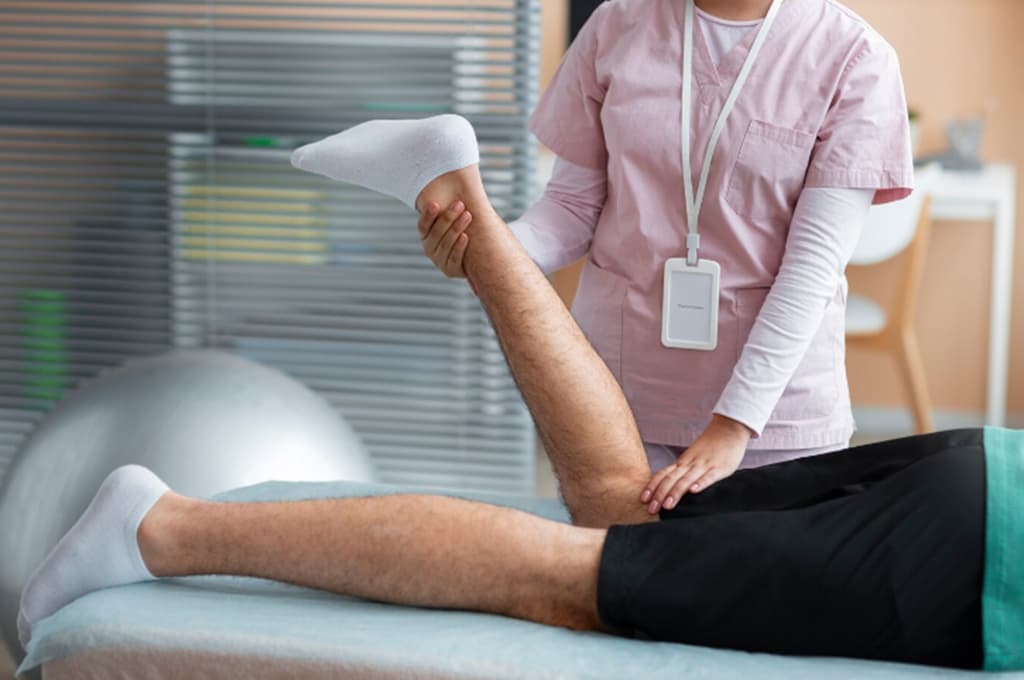 Doctor examining a patient's Achilles tendon for signs of Achilles tendonitis, assessing inflammation and injury for proper diagnosis and treatment.