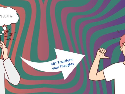 Split-screen illustration showing the transformative power of Cognitive Behavioral Therapy (CBT). On the left, a stressed person with negative thought bubbles like 'I can’t do this' and 'I’m not good enough.' On the right, the same person appears confident with positive thought bubbles like 'I can handle this' and 'I am capable.' The headline reads, 'Change Your Thoughts, Change Your Life with CBT.